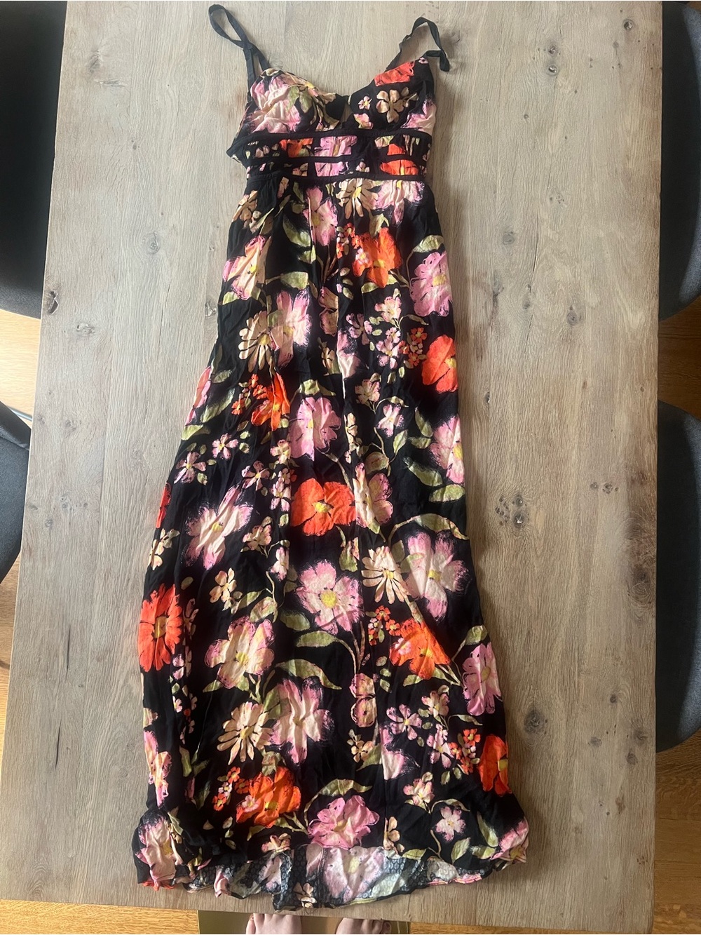 Free People Black Maxi Skirt with Pink and Orange Floral Print